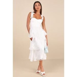 NWT Lulus Drayson White Floral Burnout Tie-Strap Tiered Midi Dress Wedding Sz M